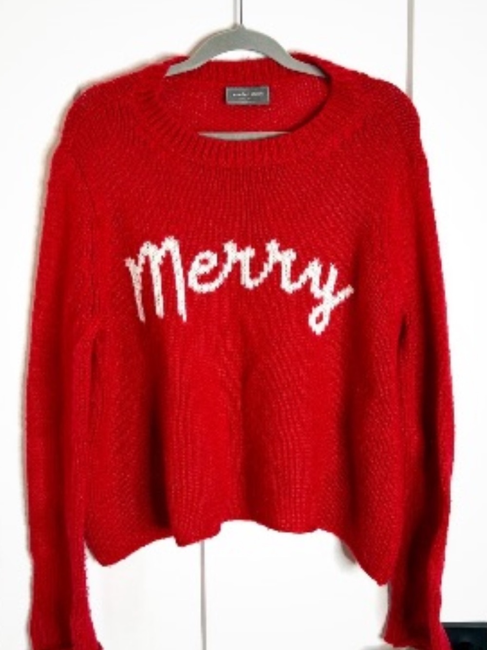 Wooden Ships Red Crewneck Mohair Sweater with White 'Merry' Script